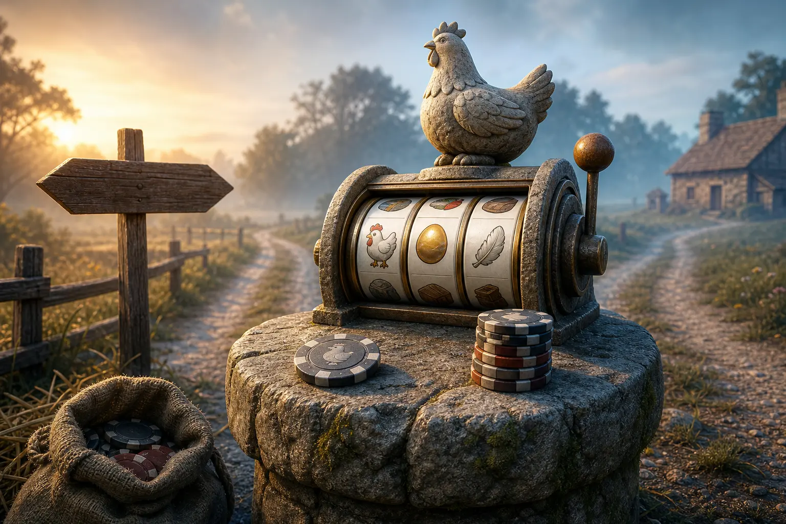 Aperçu visuel du thème Chicken Road, parcours tendu et identité narrative du slot